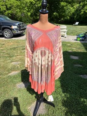 ONE WORLD Coral and Cream Flowing Boho Midi Dress. Sz XL, Great for travel.
